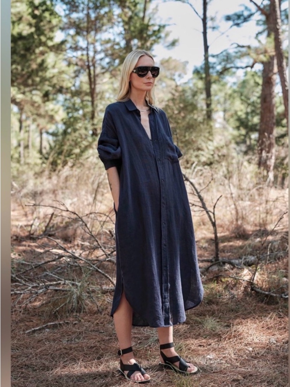 Mamene Florence Shirt Dress In Linen - Navy - Picture 2 of 2